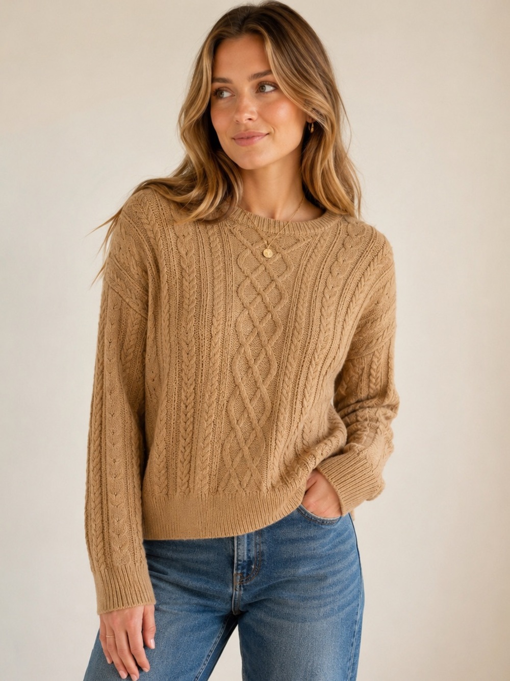J.Crew Cable Knit Crewneck Sweater Large Tan Cotton Blend Fisherman Knit